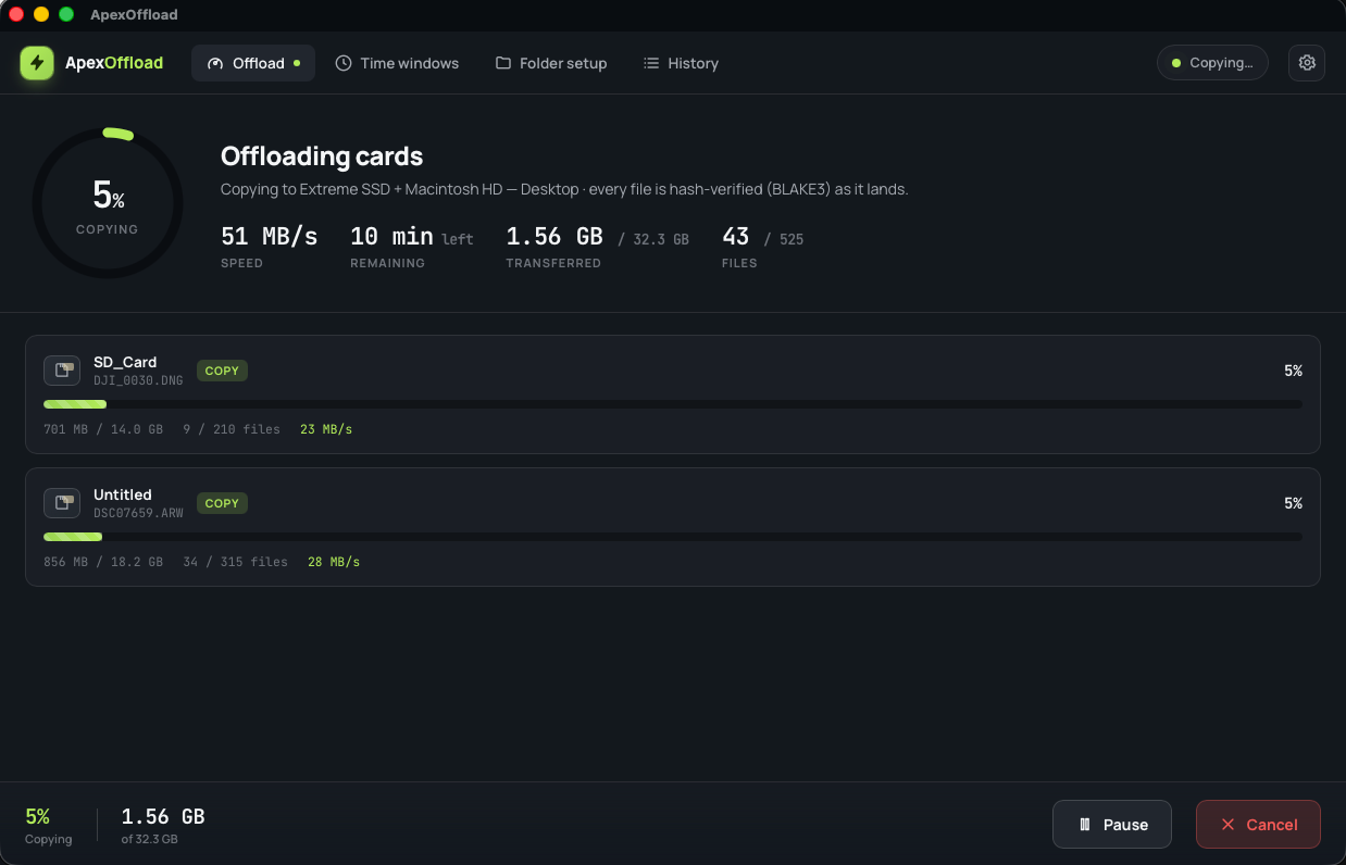 Offloadio offloading two cards to two drives at once, hash-verifying every file as it lands