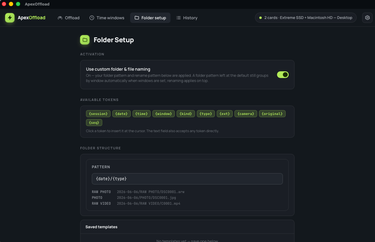 Offloadio folder setup with token-based patterns and live path preview